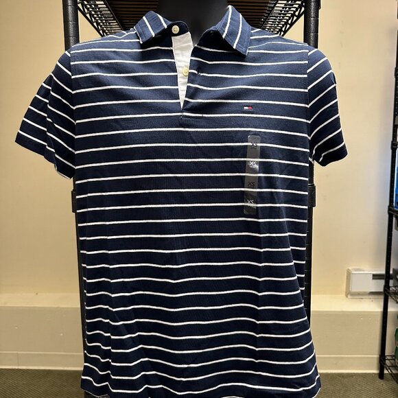 NWT! Tommy Hilfiger Men’s Stripe Polo Short In Navy/White Size XS/S/M/L - Picture 1 of 6